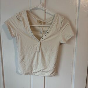 Guess Cream Short Sleeve Top with Button Detail